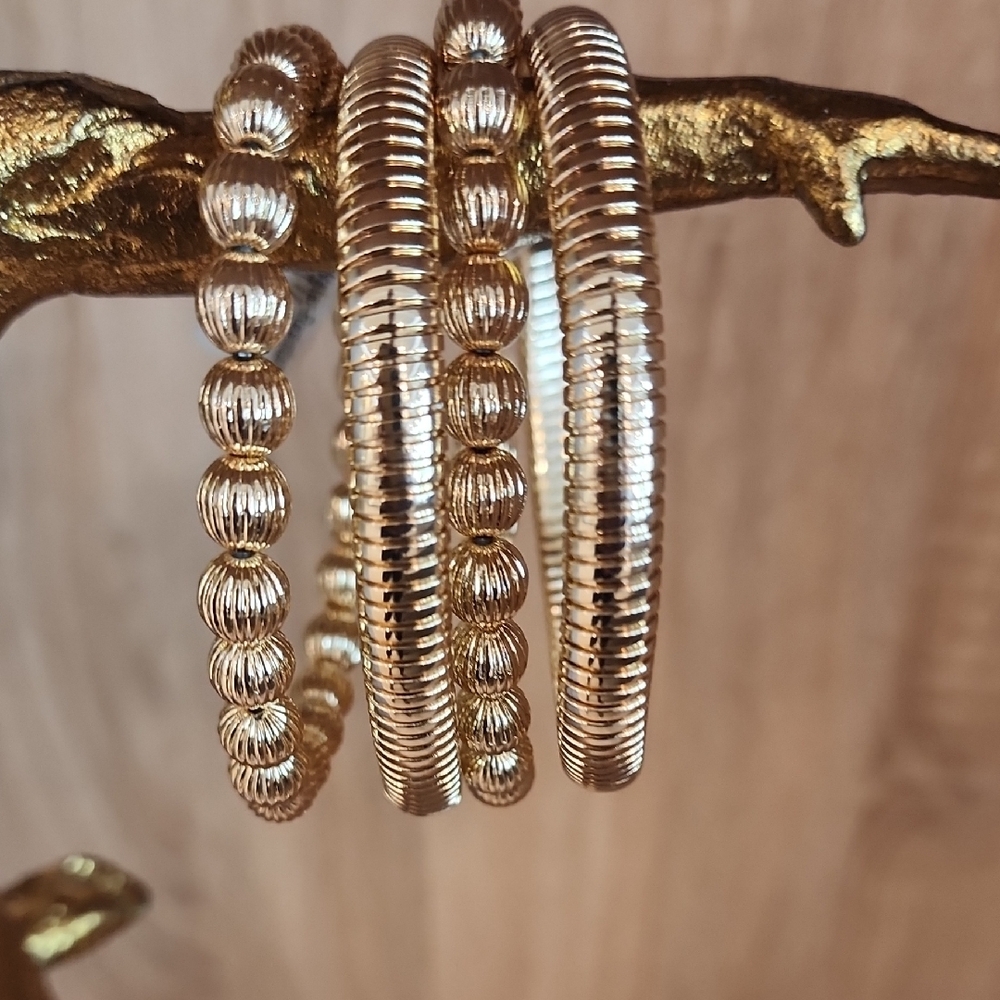 Women's Textured Beaded Gold Ribbed Stretch Water-Resistant Bracelets Set of 4 - Picture 2 of 6